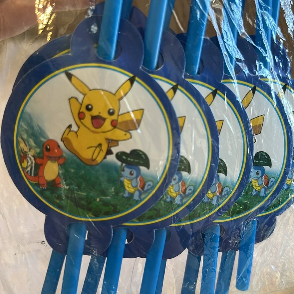 Pokemon Party Straws Pikachu Favors Flexible Blue Birthday Supplies NEW